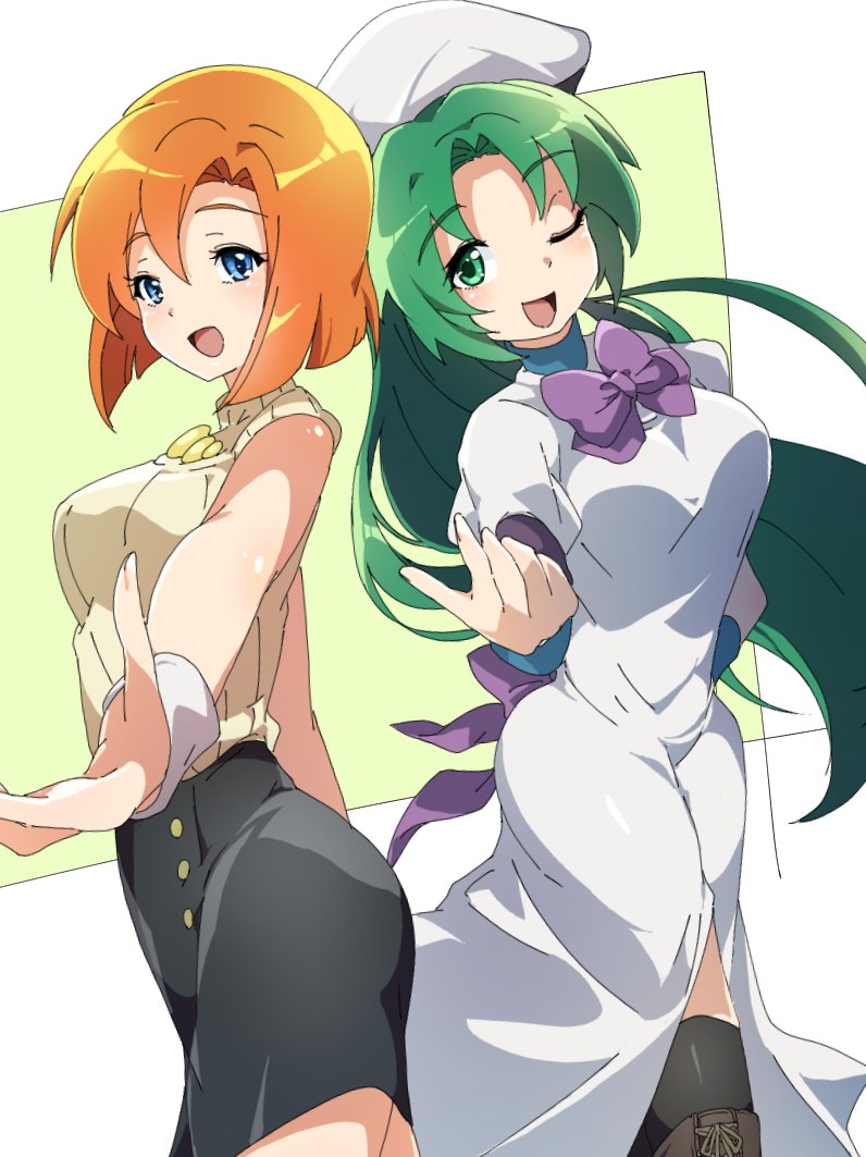 2girls :d black_legwear black_skirt blue_eyes bow commentary_request cosplay costume_switch dress eyebrows_visible_through_hair green_eyes green_hair hat higurashi_no_naku_koro_ni hinamikan long_hair looking_at_viewer multiple_girls one_eye_closed orange_hair purple_bow ribbed_sweater ryuuguu_rena short_hair skirt smile sonozaki_shion sweater white_dress white_headwear