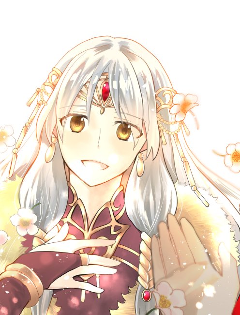 1girl 1other :d bangs black_dress black_gloves bridal_gauntlets circlet close-up coat dress eyebrows_visible_through_hair fire_emblem fire_emblem:_radiant_dawn fire_emblem_cipher fire_emblem_heroes gloves grey_hair hand_on_own_chest long_hair micaiah_(fire_emblem) official_alternate_costume open_mouth ouzisamafe pov red_coat simple_background smile solo_focus white_background yellow_eyes