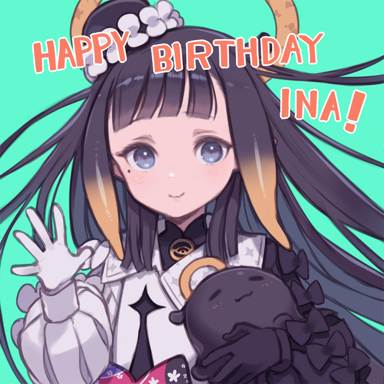 1girl bangs black_hair blue_background blue_eyes blunt_bangs blush closed_mouth gloves hand_up happy_birthday hat hololive hololive_english kuroboshi_kouhaku long_hair long_sleeves looking_at_viewer mole mole_under_eye multicolored_hair ninomae_ina'nis puffy_long_sleeves puffy_sleeves smile solo tako_(ninomae_ina'nis) upper_body white_gloves