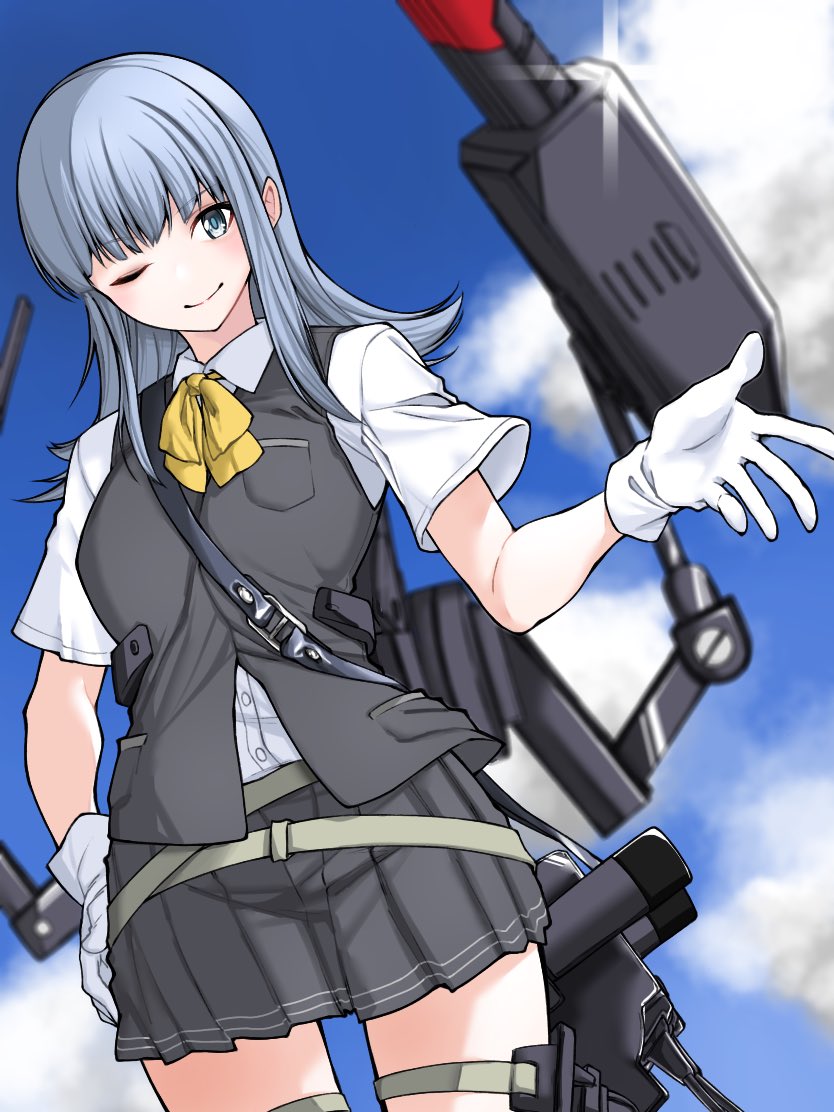 1girl ascot blue_hair blue_sky blurry clouds cowboy_shot depth_of_field dobuvochan dress_shirt gloves green_eyes grey_skirt grey_vest hatsukaze_(kancolle) hime_cut kantai_collection looking_at_viewer machinery one_eye_closed pleated_skirt school_uniform shirt skirt sky solo vest white_gloves white_hair white_shirt yellow_ascot