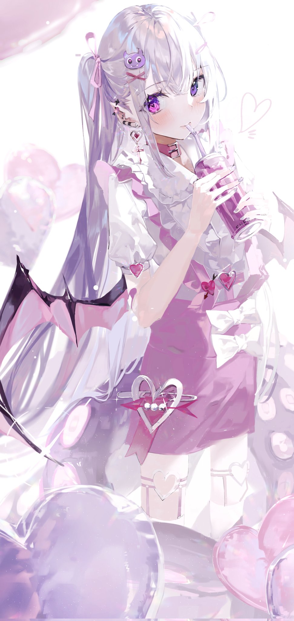 1girl bangs bat_wings drinking drinking_straw hair_ornament hair_ribbon heart heterochromia highres iftuoma long_hair looking_at_viewer original pointy_ears ribbon shirt short_sleeves simple_background solo violet_eyes white_background white_shirt wings