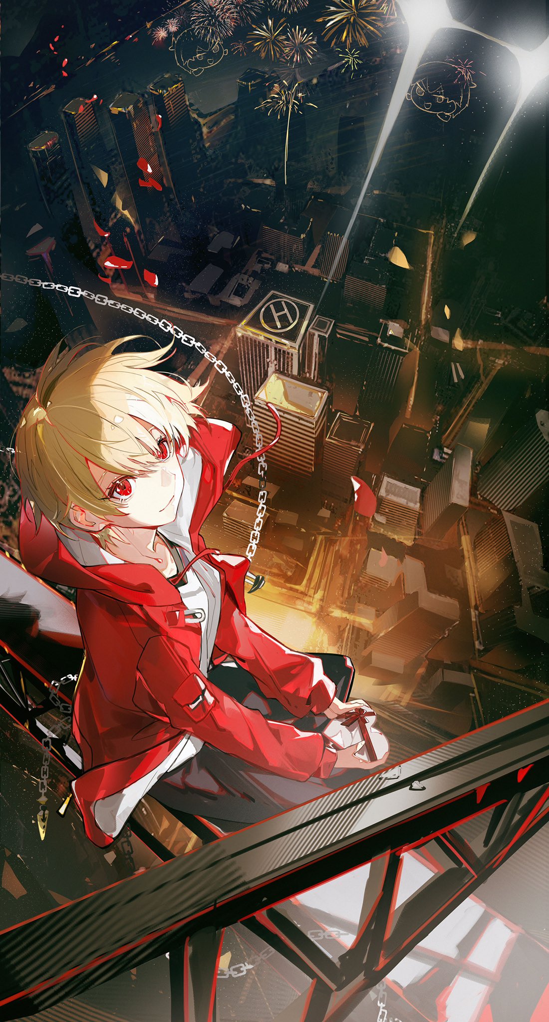 aerial_fireworks bangs blonde_hair carnival_phantasm chain child child_gilgamesh_(fate) city cityscape closed_mouth coat commentary_request enkidu_(weapon)_(fate) fate/grand_order fate/hollow_ataraxia fate/kaleid_liner_prisma_illya fate_(series) fireworks from_above full_body gift gilgamesh_(fate) highres holding holding_gift hooded_coat jacket kk7_000 long_sleeves looking_at_viewer red_eyes red_jacket short_hair sitting smile weapon
