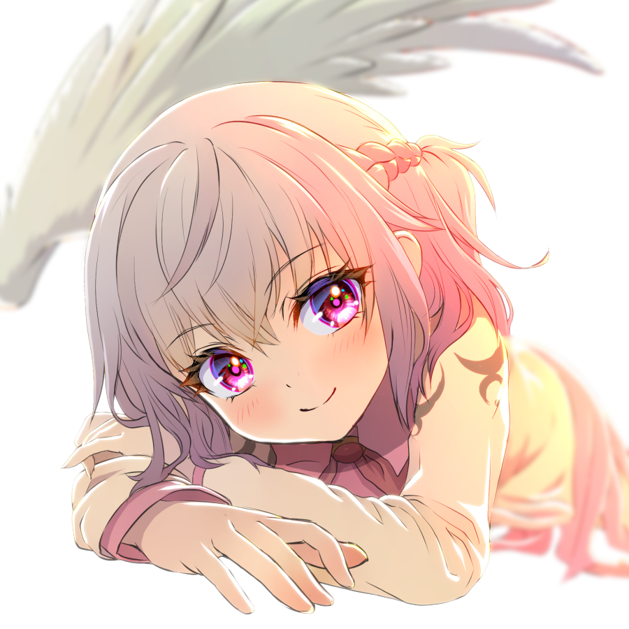 1girl bangs bare_shoulders blurry blurry_background blush braid closed_mouth depth_of_field eyebrows_visible_through_hair hair_between_eyes kishin_sagume long_hair long_sleeves looking_at_viewer lying on_stomach pink_eyes shiroi_karasu simple_background smile solo touhou violet_eyes white_background wings