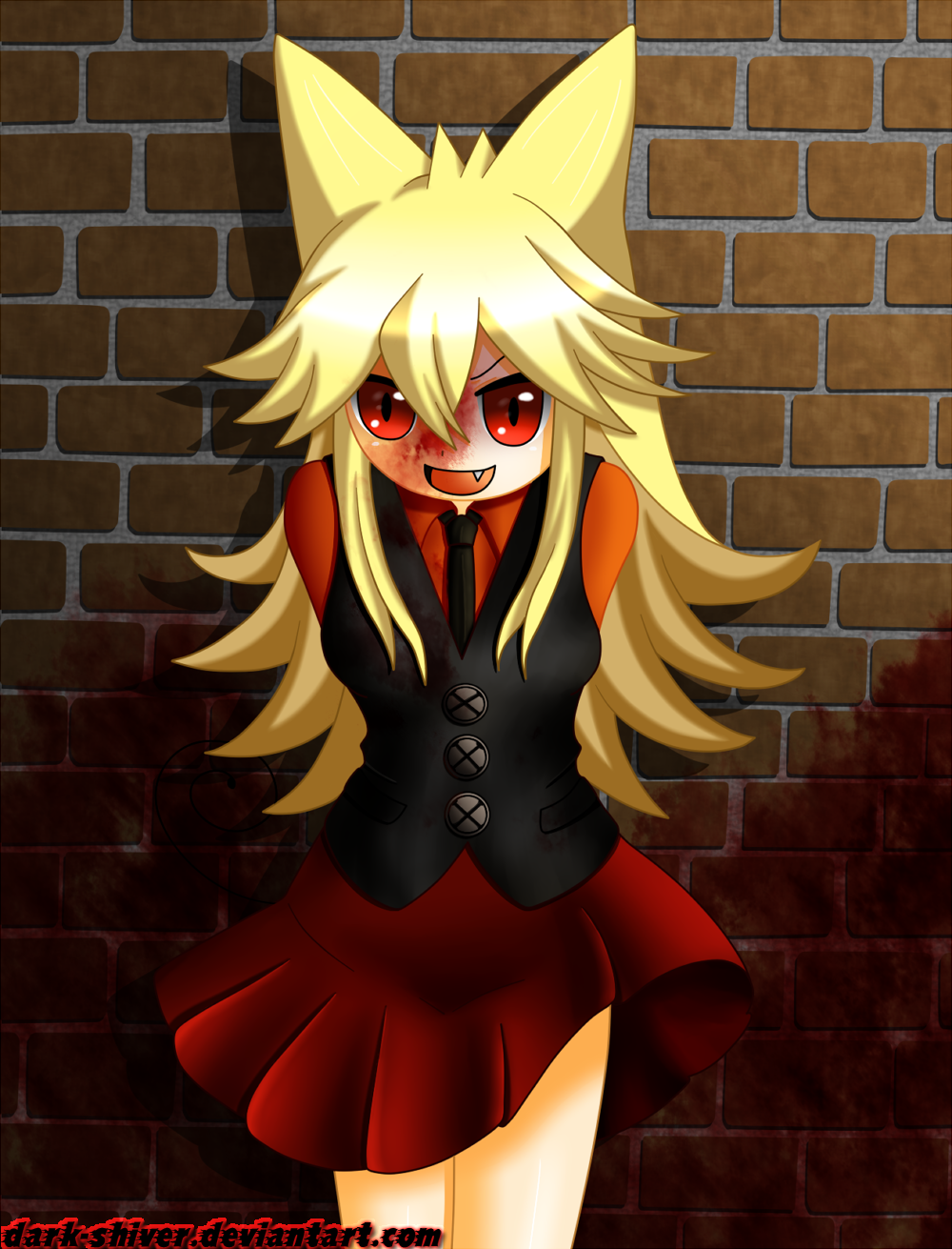 1girl animal_ears arms_behind_back bangs black_eyebrows black_tail black_tie black_waistcoat blonde_hair blood blood_on_clothes blood_on_face blood_on_wall blood_splatter blood_stain brick_wall buttons clothes collared_shirt dark-shiver dress_shirt eyebrows eyebrows_behind_hair eyes face fang feet_out_of_frame hair hair_between_eyes inner_miniskirt large_buttons leaning leaning_forward legs legs_together long_hair long_sleeved_shirt long_sleeves long_tail miniskirt moge-ko mogeko_castle open_eyes open_mouth pleated_miniskirt pleated_skirt pocket red_miniskirt red_shirt red_skirt shirt shirt_collar_down sidelocks skirt straight_hair tail teeth text thighs tie upper_teeth waistcoat