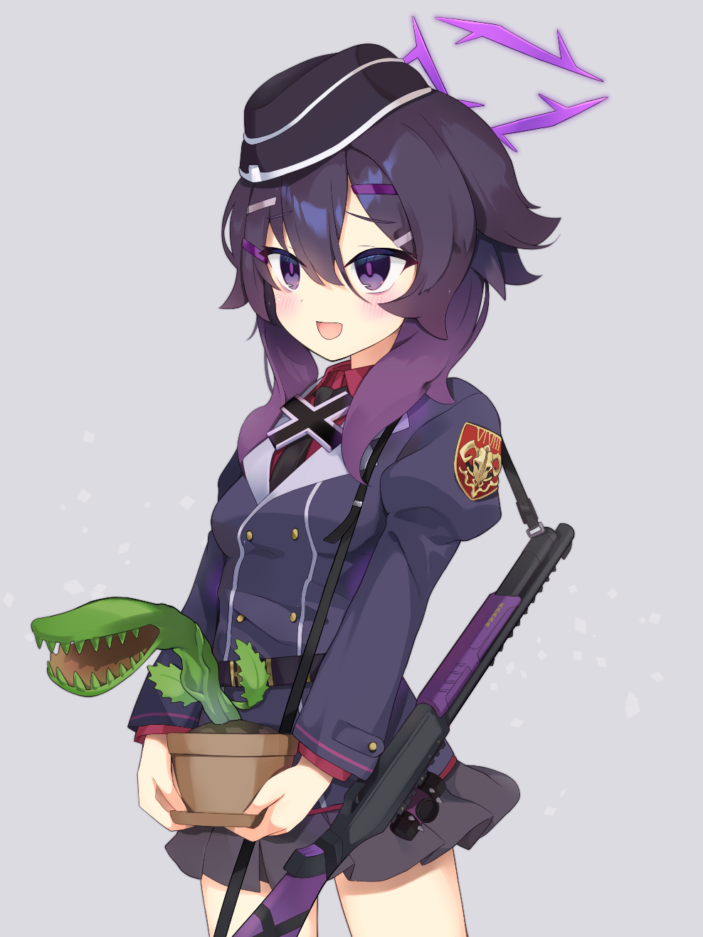 1girl :d aku_oribi badge bangs blue_archive carrying commentary_request empty_eyes eyebrows_visible_through_hair gradient_hair grey_background gun hair_between_eyes hair_ornament hairclip haruka_(blue_archive) hat highres long_sleeves looking_at_viewer multicolored_hair plant pleated_skirt potted_plant school_uniform short_hair shotgun sidelocks simple_background skirt smile solo two-tone_hair venus_flytrap violet_eyes weapon