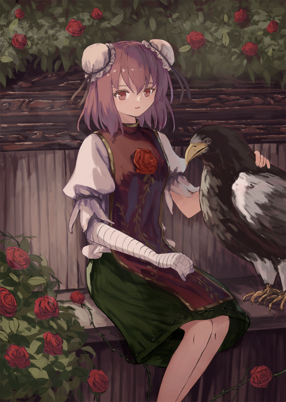 1girl bandaged_arm bandages bangs bench bird black_skin breasts brown_ribbon bun_cover bush colored_skin commentary_request double_bun eyebrows_visible_through_hair fence fingernails flower garden green_skirt grey_shirt hair_between_eyes hand_up highres ibaraki_kasen leaf leaf_print looking_at_viewer looking_to_the_side medium_breasts ookashippo open_mouth outdoors pink_eyes pink_hair puffy_short_sleeves puffy_sleeves red_flower red_rose ribbon rose shadow shirt short_hair short_sleeves sitting skirt smile tabard touhou wings