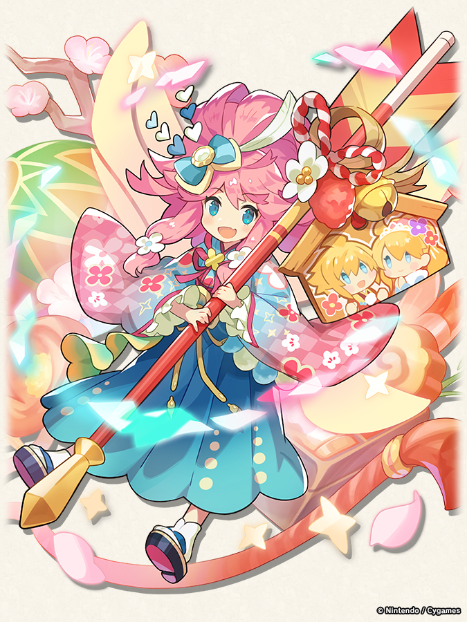 1boy 2girls aqua_bow blonde_hair blue_eyes bow cherry_blossoms dragalia_lost euden fairy fang floral_print flower full_body hair_flower hair_ornament heart heart_hair_ornament japanese_clothes kimono long_hair long_sleeves looking_at_viewer multiple_girls notte_(dragalia_lost) official_art open_mouth petals pink_hair pink_kimono sandals smile wavy_hair wide_sleeves zethia