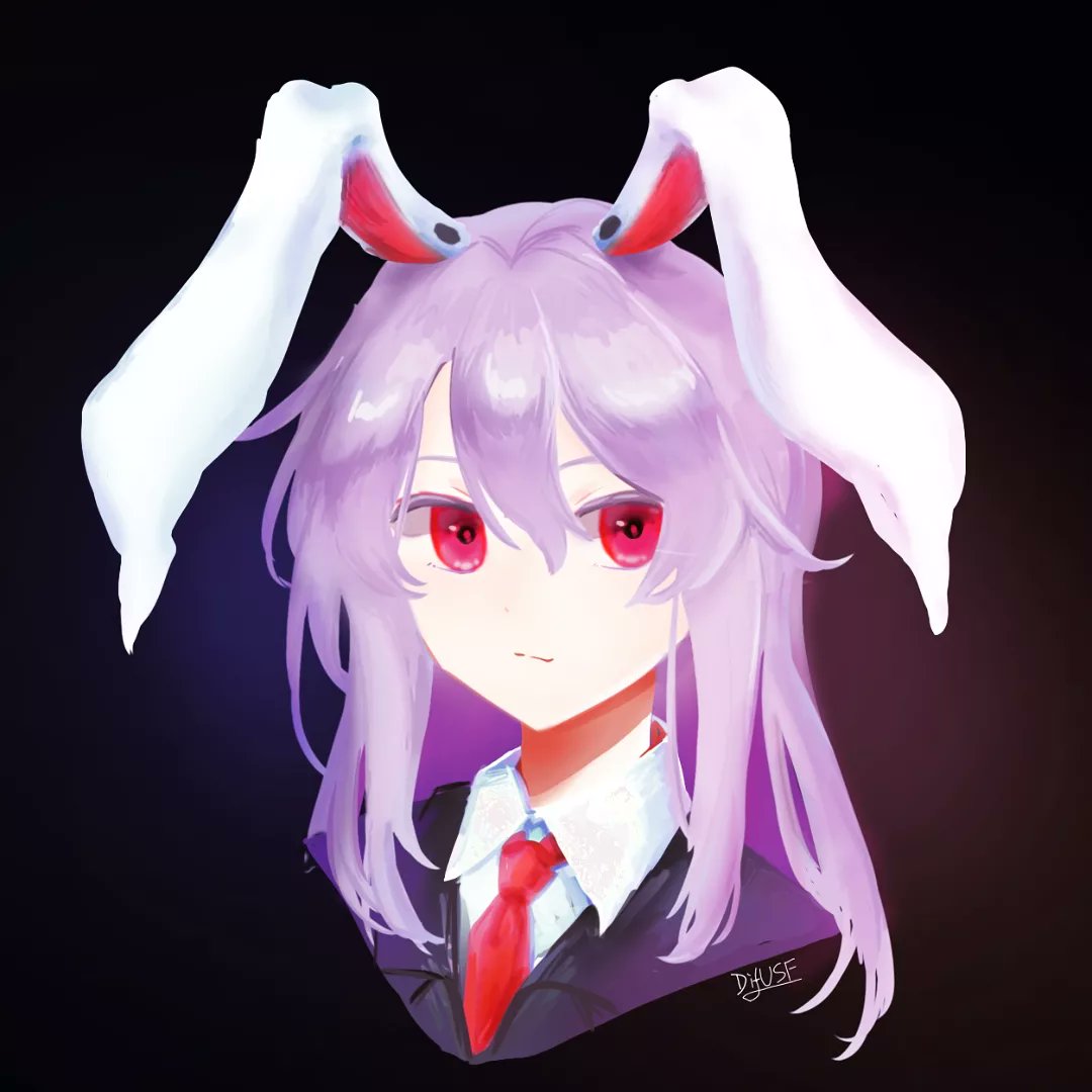 1girl :/ animal_ears black_background closed_mouth crescent cropped_shoulders dark_background expressionless eyebrows_behind_hair face hair_between_eyes long_hair looking_at_viewer necktie purple_hair rabbit_ears red_eyes reisen_udongein_inaba shirt signature simple_background solo touhou upper_body white_shirt whiten_wolf