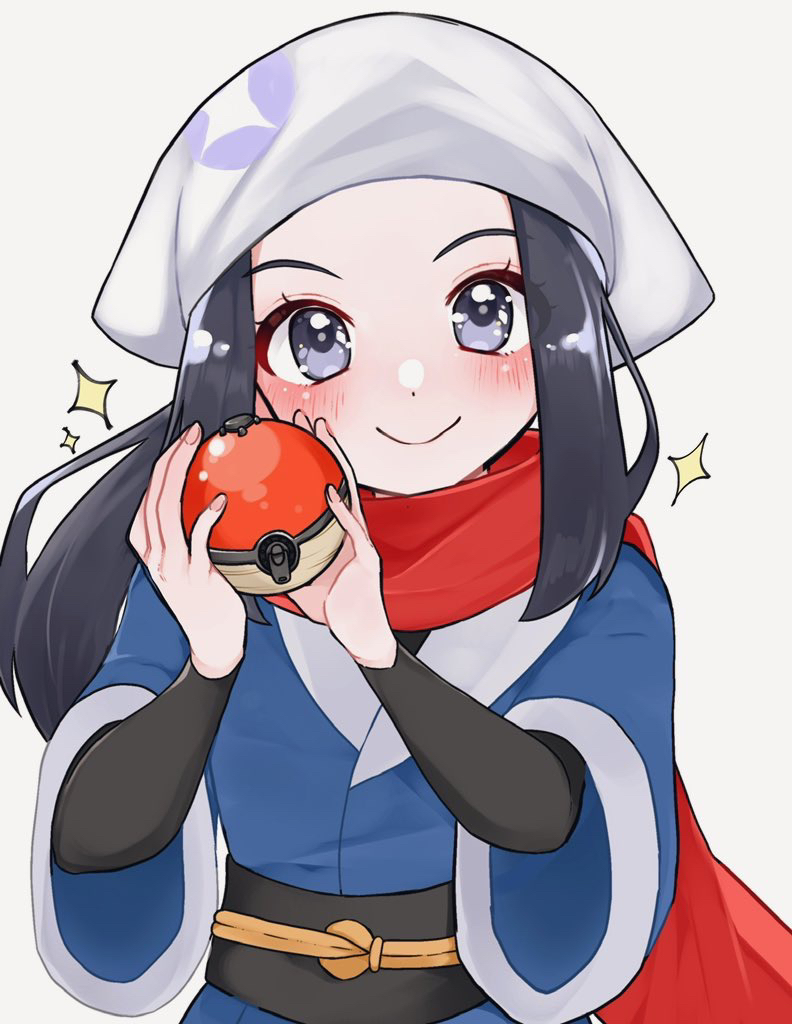 1girl akari_(pokemon) black_hair black_sash black_shirt blue_jacket blush closed_mouth commentary_request eyelashes grey_eyes hands_up head_scarf holding holding_poke_ball jacket long_hair mitsuki_(hzwn8777) poke_ball poke_ball_(legends) pokemon pokemon_(game) pokemon_legends:_arceus ponytail red_scarf sash scarf shirt sidelocks simple_background smile solo sparkle upper_body white_background white_headwear