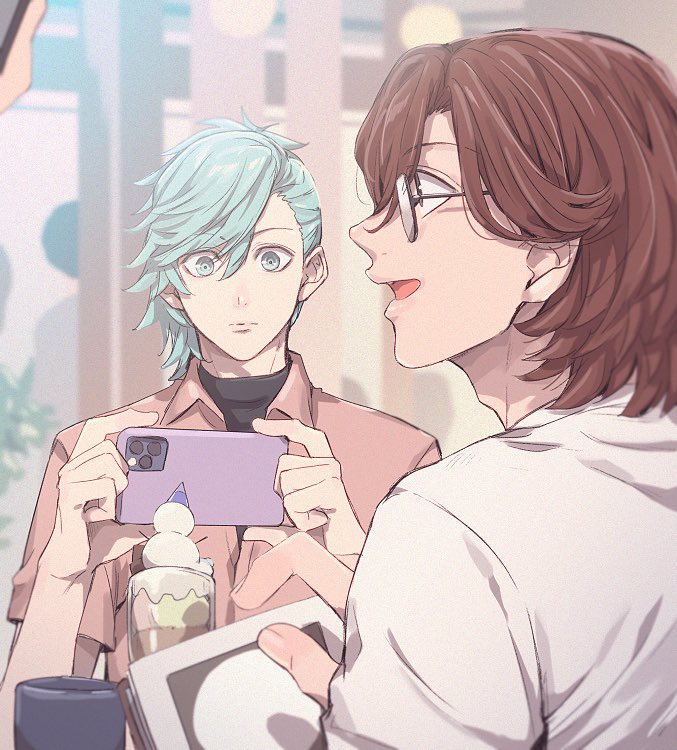 2boys :d adam's_apple asymmetrical_hair blue_eyes blue_hair brown_eyes brown_hair cafe closed_mouth collared_shirt cup fingernails food food_art from_behind glasses hair_between_eyes holding holding_phone kashiyado kotobuki_reiji looking_at_object looking_to_the_side male_focus menu mikaze_ai multiple_boys open_collar out_of_frame parfait phone pink_shirt profile shirt short_hair short_sleeves smile straight-on t-shirt turtleneck undershirt upper_body uta_no_prince-sama white_shirt wide-eyed