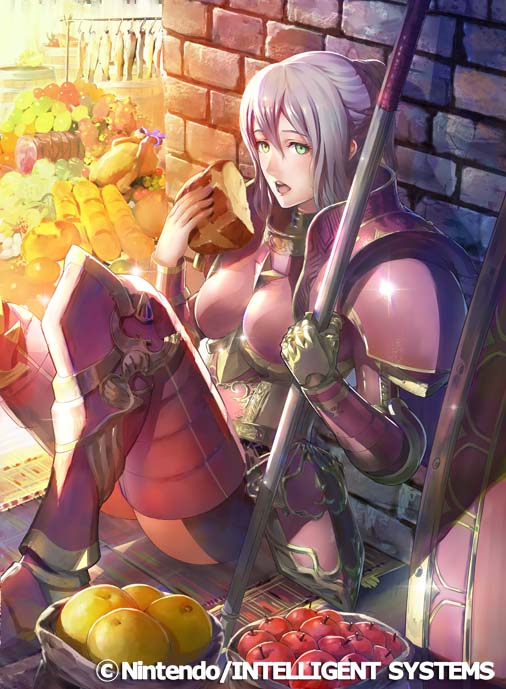 1girl armor boobplate bread breastplate brick_wall dried_fish eating effie_(fire_emblem) fire_emblem fire_emblem_cipher fire_emblem_fates food fruit green_eyes hair_bun holding holding_polearm holding_weapon looking_at_viewer meat momose_hisashi official_art open_mouth polearm weapon