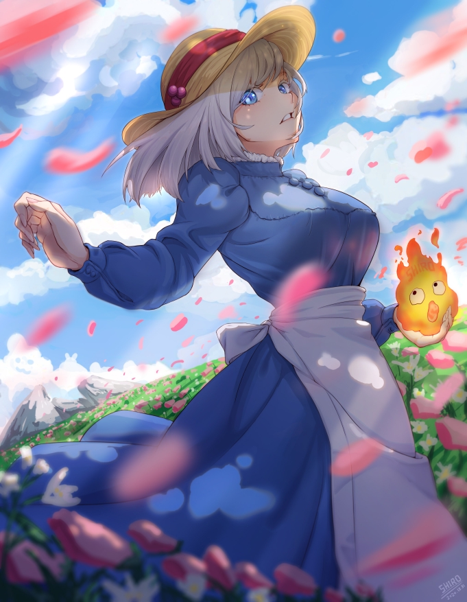 1girl apron artist_name bangs blue_dress blue_eyes blue_sleeves blurry blurry_foreground breasts clouds commentary_request curled_fingers dated dress fire flower hand_up hat holding howl_no_ugoku_shiro looking_at_viewer medium_hair open_mouth outdoors parted_lips petals pointy_nose rock shadow shiro_(user_wegy5455) sky solo sophie_(howl_no_ugoku_shiro) spirit standing sun_hat white_apron white_hair