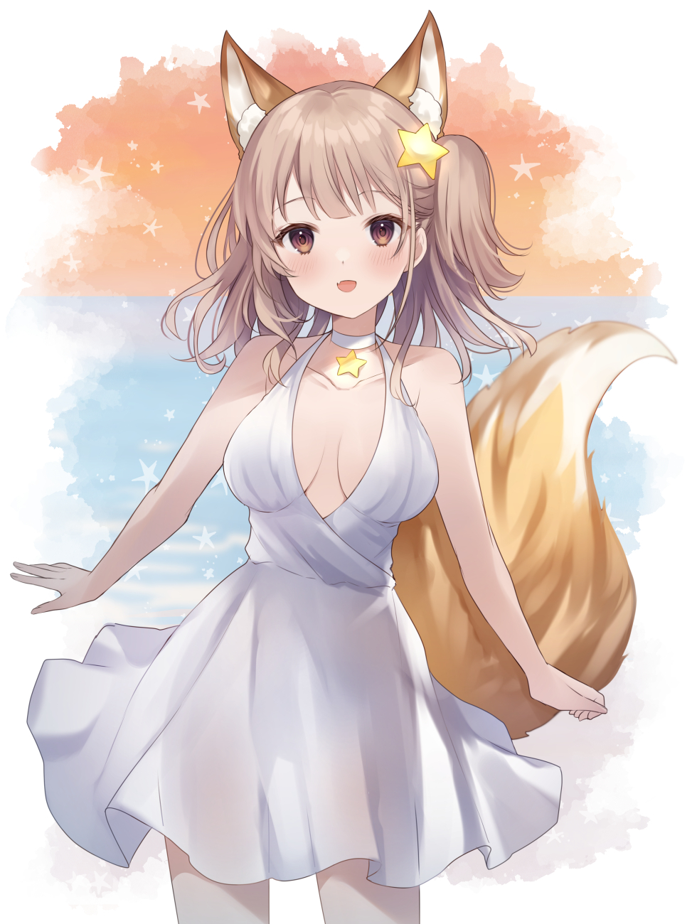 1girl animal_ear_fluff animal_ears annytf blush breasts brown_eyes brown_hair choker commentary dress extra_ears fang fox_ears fox_girl fox_tail hair_ornament highres ichinose_(sorario) indie_virtual_youtuber open_mouth see-through_silhouette short_hair side_ponytail sleeveless sleeveless_dress smile solo star_(symbol) star_hair_ornament symbol-only_commentary tail thighs virtual_youtuber white_dress