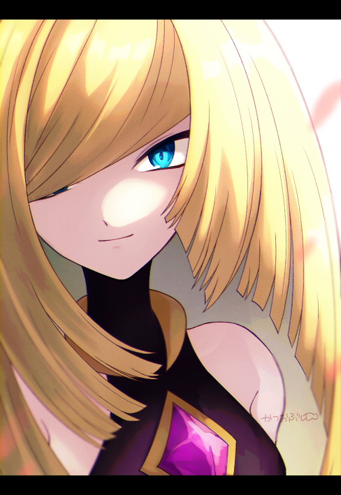 1girl alternate_color bangs bare_shoulders black_dress blonde_hair blue_eyes blunt_bangs blurry closed_mouth commentary_request diamond_(shape) dress gem hair_over_one_eye katuobushi04 long_hair looking_at_viewer lusamine_(pokemon) official_alternate_costume pokemon pokemon_(game) pokemon_masters_ex purple_gemstone sleeveless sleeveless_dress smile upper_body