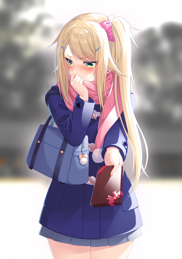 1girl bag blonde_hair blush chocolate food green_eyes gyaru handbag holding holding_chocolate holding_food jacket kogal long_hair looking_away original pink_scarf pov scarf shisui_suzuka skirt solo uniform valentine