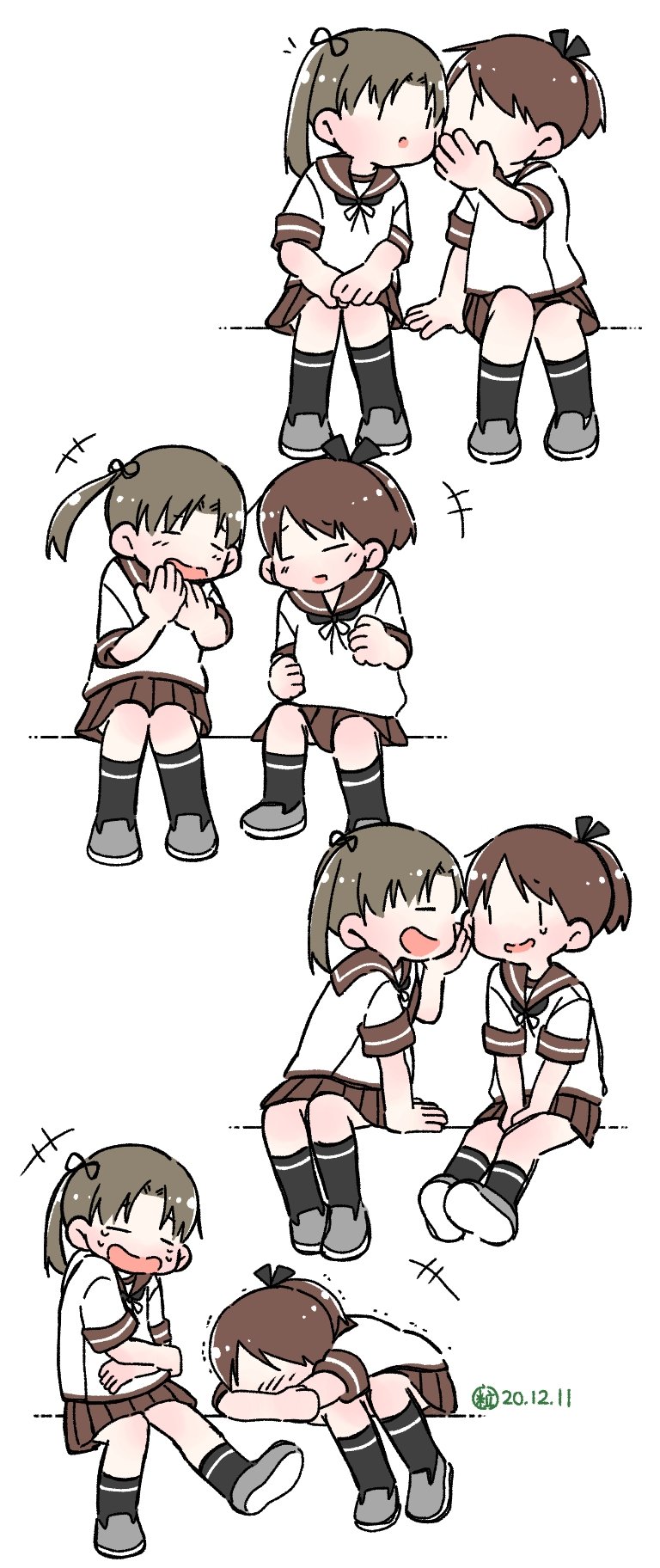 2girls ayanami_(kancolle) black_legwear brown_hair brown_sailor_collar brown_skirt commentary_request highres invisible_chair kantai_collection kneehighs laughing long_hair multiple_girls ponytail sailor_collar shikinami_(kancolle) short_hair side_ponytail simple_background sitting skirt tsubutarou whispering white_background