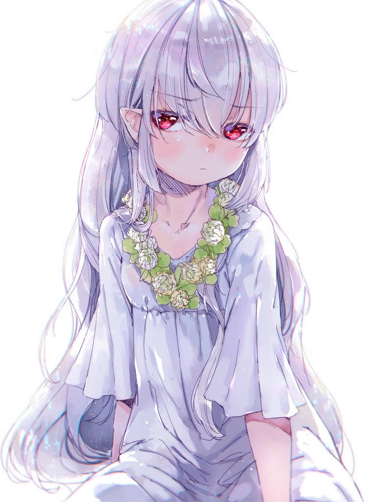 1girl backlighting blush commentary_request dress flat_chest flower_wreath looking_at_viewer mutou_mato original pointy_ears red_eyes simple_background sketch solo white_background white_dress white_hair wreath