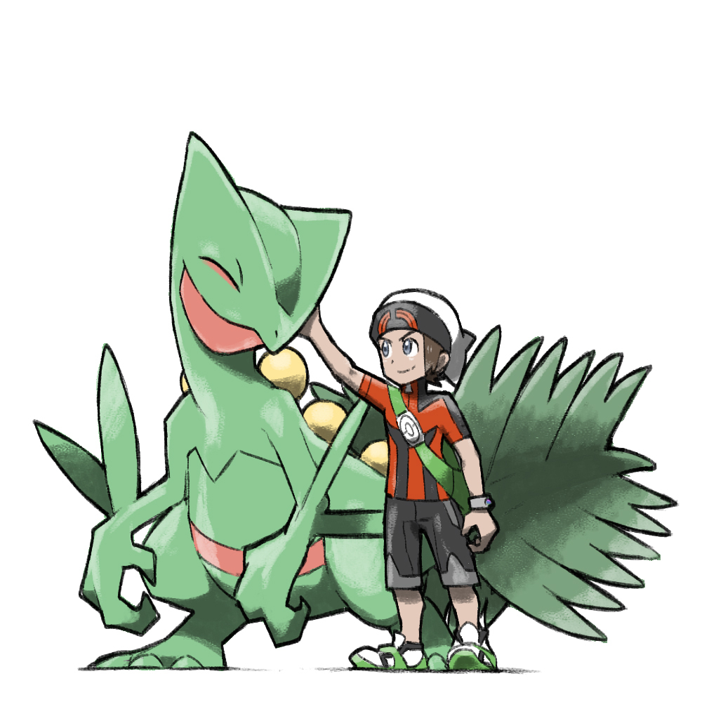 1boy beanie blacknirrow blue_eyes brendan_(pokemon) closed_eyes dark_skin dark_skinned_male lizard petting pokemon pokemon_(creature) pokemon_(game) pokemon_oras sceptile shorts white_background