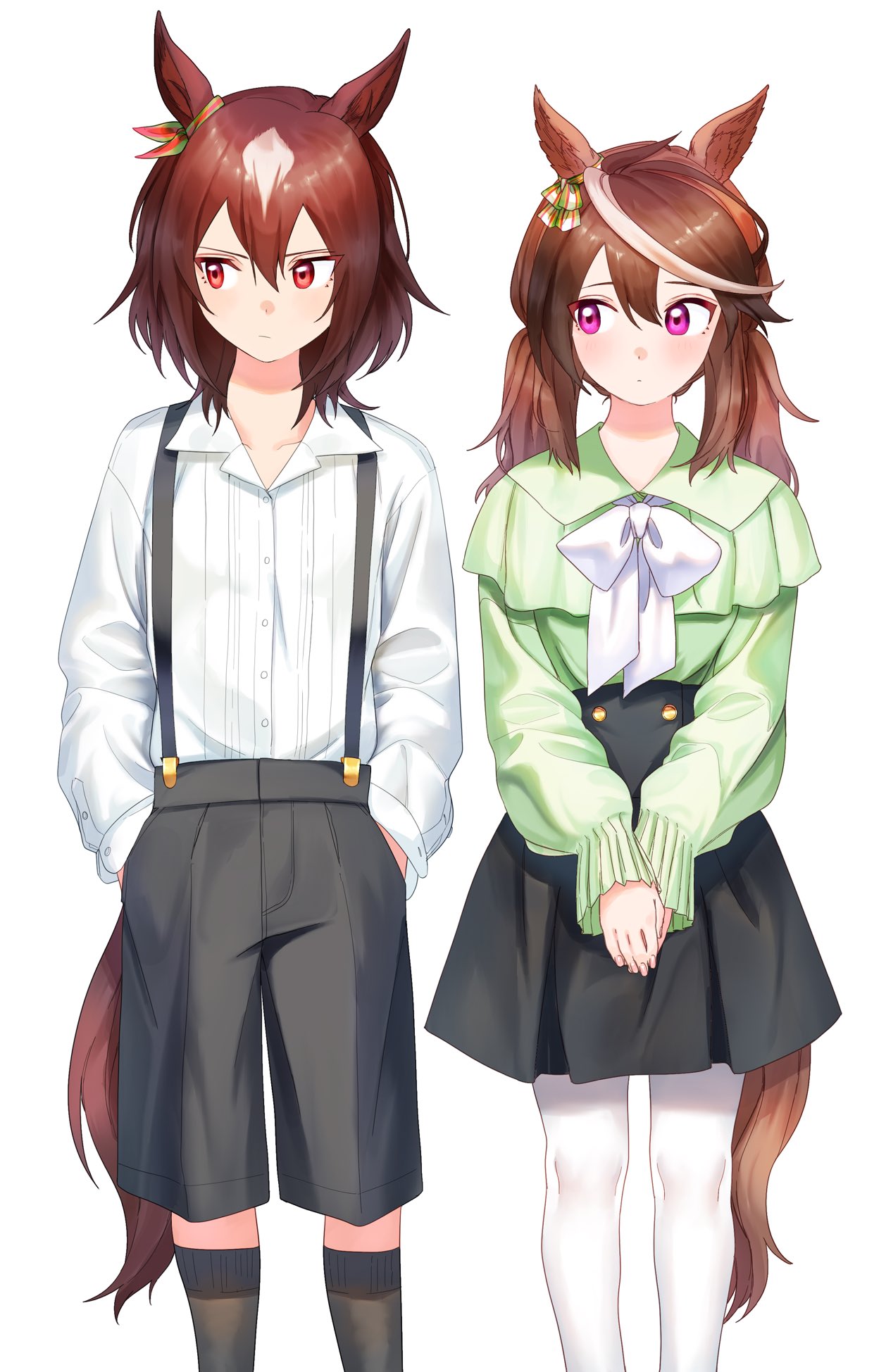 2girls animal_ears bangs black_legwear black_shorts black_skirt brown_hair collared_shirt feet_out_of_frame green_shirt hands_in_pockets high-waist_skirt highres horse_ears horse_girl horse_tail kneehighs long_hair long_sleeves looking_at_another looking_to_the_side low_twintails medium_hair multicolored_hair multiple_girls overall_shorts overalls own_hands_together red_eyes shirt shorts simple_background sirius_symboli_(umamusume) skirt standing symboli_rudolf_(umamusume) tail tamayume twintails umamusume violet_eyes white_background white_legwear white_shirt younger