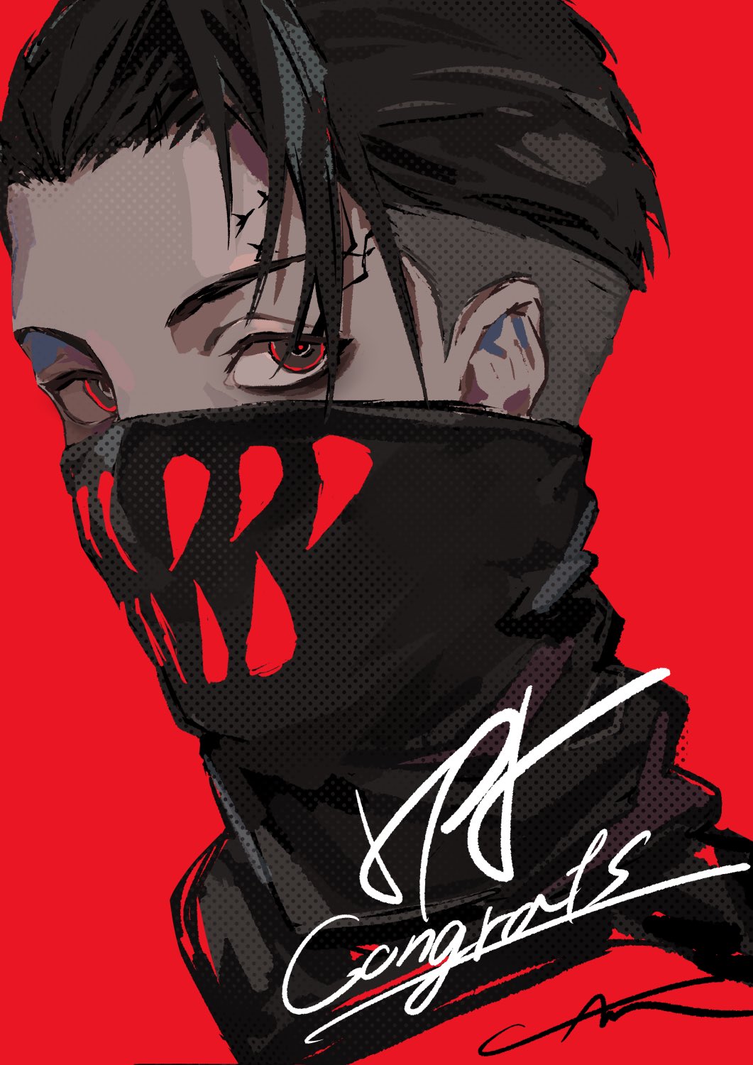 1boy artist_name black_hair character_name hair_slicked_back head_only highres lam_(ramdayo) looking_at_viewer male_focus mask mouth_mask red_background red_eyes rpr scarz solo virtual_youtuber