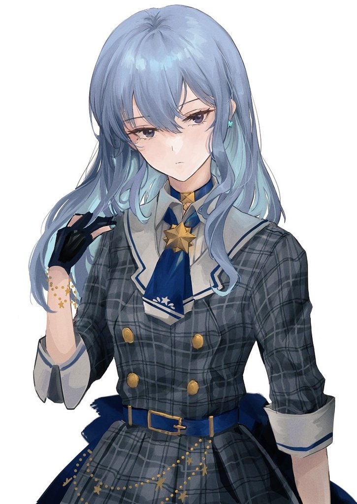 1girl ascot bangs belt black_gloves blue_ascot blue_belt blue_choker blue_hair blue_nails choker closed_mouth dress gloves grey_dress hair_between_eyes hololive hoshimachi_suisei kyrl long_hair long_sleeves looking_at_viewer nail_polish partially_fingerless_gloves plaid plaid_dress simple_background solo virtual_youtuber white_background