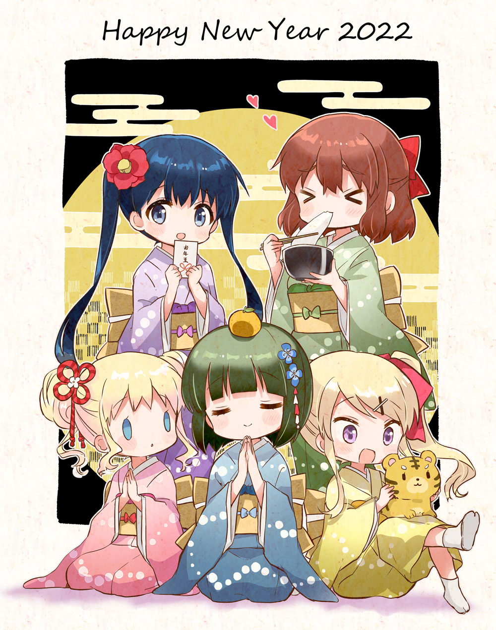 &gt;_&lt; 5girls :d bangs black_background blonde_hair blue_eyes blue_hair blunt_bangs blush_stickers breasts chibi chinese_zodiac chopsticks closed_eyes commentary dated double_bun eating flat_chest floating_hair flower food food_on_head fruit fruit_on_head full_body green_hair hair_flower hair_ornament happy_new_year hara_yui highres inokuma_youko japanese_clothes kagami_mochi kanji kimono kin-iro_mosaic kujou_karen light_blush long_hair looking_at_another looking_at_viewer looking_away looking_down mandarin_orange matching_outfit medium_hair mochi moon multiple_girls navel night night_sky no_shoes obi object_on_head object_request official_alternate_costume official_alternate_hairstyle oomiya_shinobu open_mouth orange_hair praying sash seiza shiny shiny_hair short_twintails sitting sky small_breasts smile tabi tiger twintails white_background white_legwear year_of_the_tiger yellow_background yukata