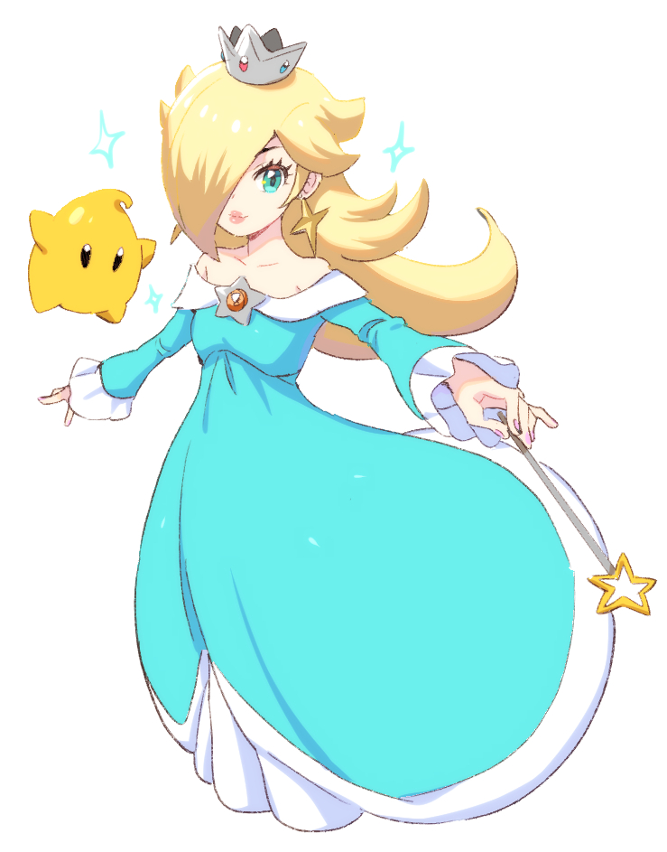 1girl bare_shoulders blonde_hair crown dress earrings hair_over_one_eye holding holding_wand jewelry lips long_hair luma_(mario) nail_polish rnehrdyd1212 rosalina sparkle star_(symbol) star_earrings super_mario_bros. super_mario_galaxy wand white_background