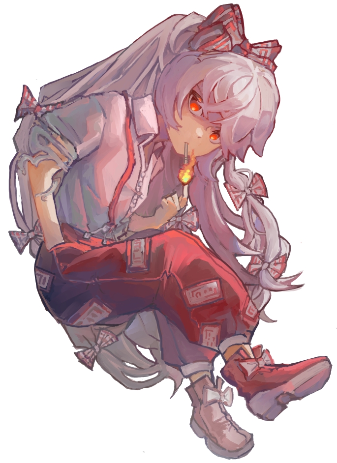 1girl baggy_pants bangs boots bow cigarette collared_shirt commentary_request fire footwear_bow fujiwara_no_mokou full_body grey_hair hair_bow hand_in_pocket korean_commentary lighting_cigarette long_hair looking_at_viewer minseo4132 multicolored_bow ofuda ofuda_on_clothes pants pyrokinesis red_bow red_eyes red_footwear red_pants shirt smoking solo suspenders torn_clothes torn_sleeves touhou very_long_hair white_background white_bow white_shirt