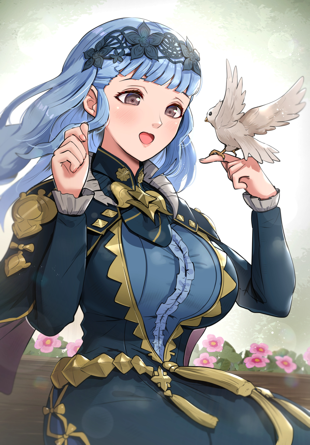 1girl accessories alternate_costume alternate_hairstyle bags_under_eyes bangs blue_hair blush braid breasts brown_eyes dress fire_emblem fire_emblem:_three_houses fire_emblem_warriors:_three_hopes frills gold gonzarez hairband highres jewelry lace lace_hairband lace_trim large_breasts long_hair long_sleeves marianne_von_edmund official_alternate_costume official_alternate_hairstyle open_mouth smile solo