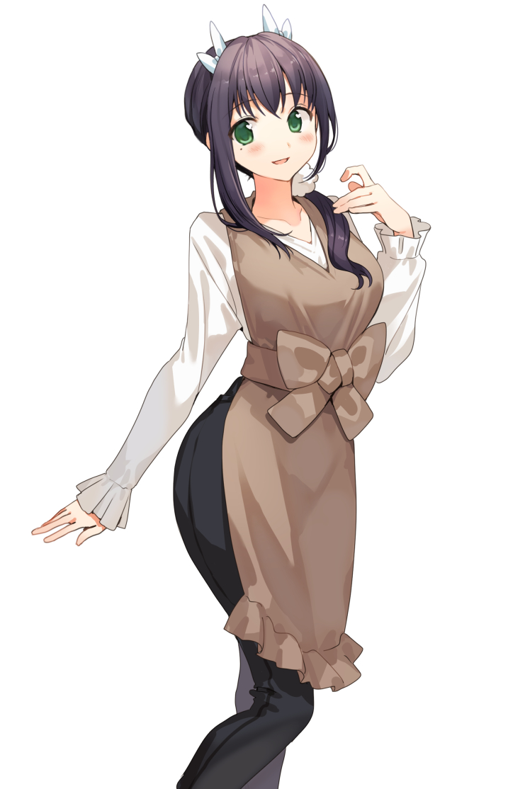 1girl apron blush bow brown_apron brown_bow collarbone eyebrows_visible_through_hair frilled_apron frilled_sleeves frills green_eyes hair_bow long_hair mole mole_under_eye nishizawa open_mouth original purple_hair simple_background sleeves_past_wrists smile solo white_background white_bow
