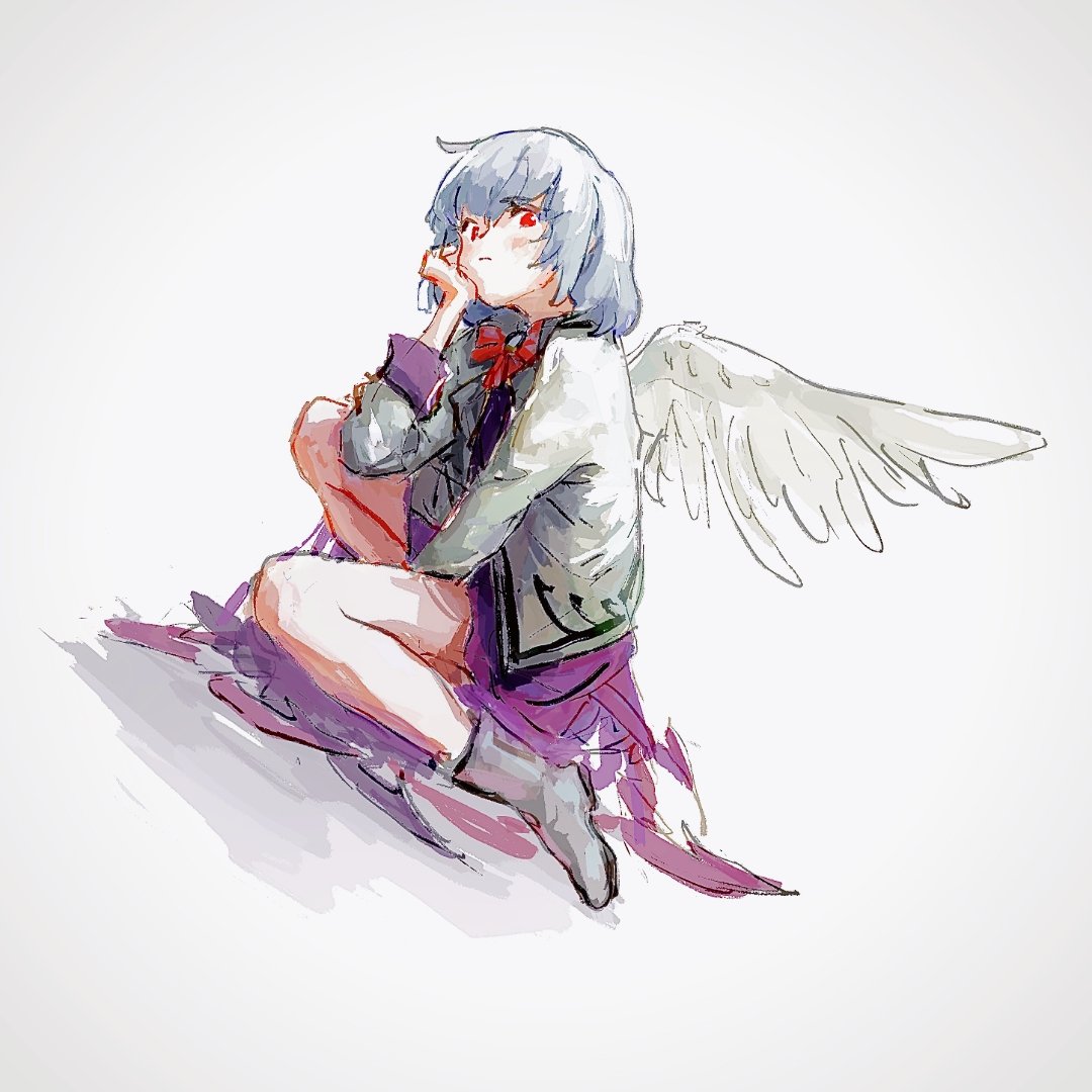 1girl :| arm_support bangs bird_wings boots bow bowtie closed_mouth commentary full_body grey_footwear grey_hair grey_jacket jacket kishin_sagume long_sleeves one-hour_drawing_challenge piu_(pengtaipxv2014) purple_shirt purple_skirt red_bow red_eyes shirt short_hair single_wing sitting skirt solo touhou white_wings wings