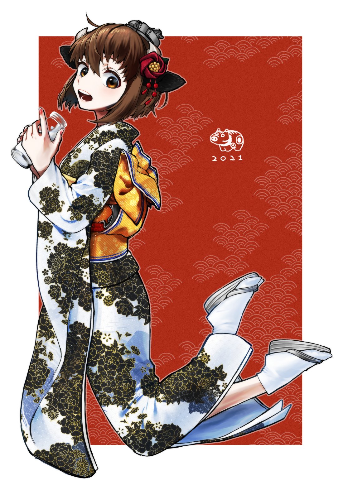 1girl 2021 alternate_costume animal_ears bangs bottle brown_eyes brown_hair chinese_zodiac cow_ears fake_animal_ears floral_print full_body hair_between_eyes hair_ornament headgear highres holding holding_bottle japanese_clothes kantai_collection kimono long_sleeves milk milk_bottle obi open_mouth sash shide_kouri short_hair simple_background solo symbol-only_commentary wide_sleeves year_of_the_ox yukikaze_(kancolle)