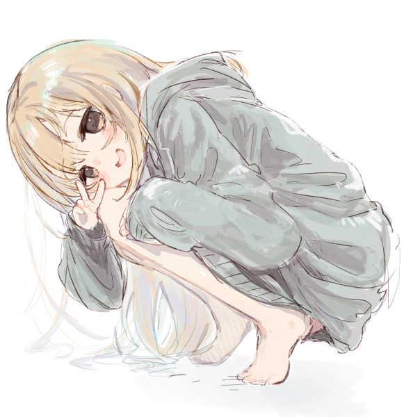 1girl bare_legs barefoot blonde_hair blush eokiba futaba_anzu grey_hoodie hood hoodie idolmaster idolmaster_cinderella_girls leaning_forward long_hair looking_at_viewer oversized_clothes oversized_shirt shirt simple_background sleeves_past_wrists solo squatting v very_long_hair white_background