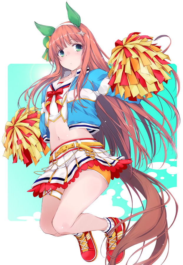 1girl animal_ears blue_jacket cheerleader commentary_request cosplay cropped_jacket full_body green_eyes hime_cut holding holding_pom_poms horse_ears horse_girl horse_tail inner_miniskirt jacket jumping long_hair looking_at_viewer midriff miniskirt nice_nature_(run&amp;win)_(umamusume) nice_nature_(umamusume) nice_nature_(umamusume)_(cosplay) orange_hair pleated_miniskirt pleated_skirt pom_pom_(cheerleading) roar_yell!_tracen_academy_cheerleading_squad_(umamusume) silence_suzuka_(umamusume) skirt solo tail umamusume white_miniskirt white_skirt yumesato_makura