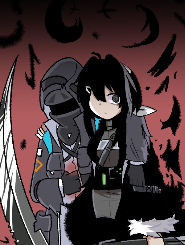 1girl 1other @_@ arknights black_hair black_jacket deep_wound doctor_(arknights) feathers fur-trimmed_jacket fur_trim grey_eyes grey_shirt hair_between_eyes holding holding_scythe injury jacket la_pluma_(arknights) long_sleeves omo_(h98013114) one_eye_covered scythe shirt short_hair