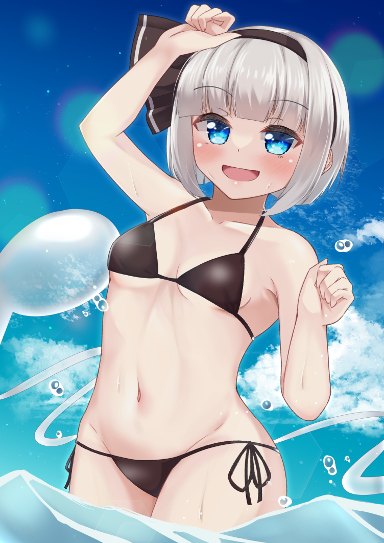 1girl bikini black_bikini black_hairband blue_eyes blue_sky bob_cut breasts clouds commentary_request cowboy_shot ghost hairband konpaku_youmu konpaku_youmu_(ghost) looking_at_viewer rital short_hair side-tie_bikini sky small_breasts soaking_feet solo swimsuit touhou white_hair