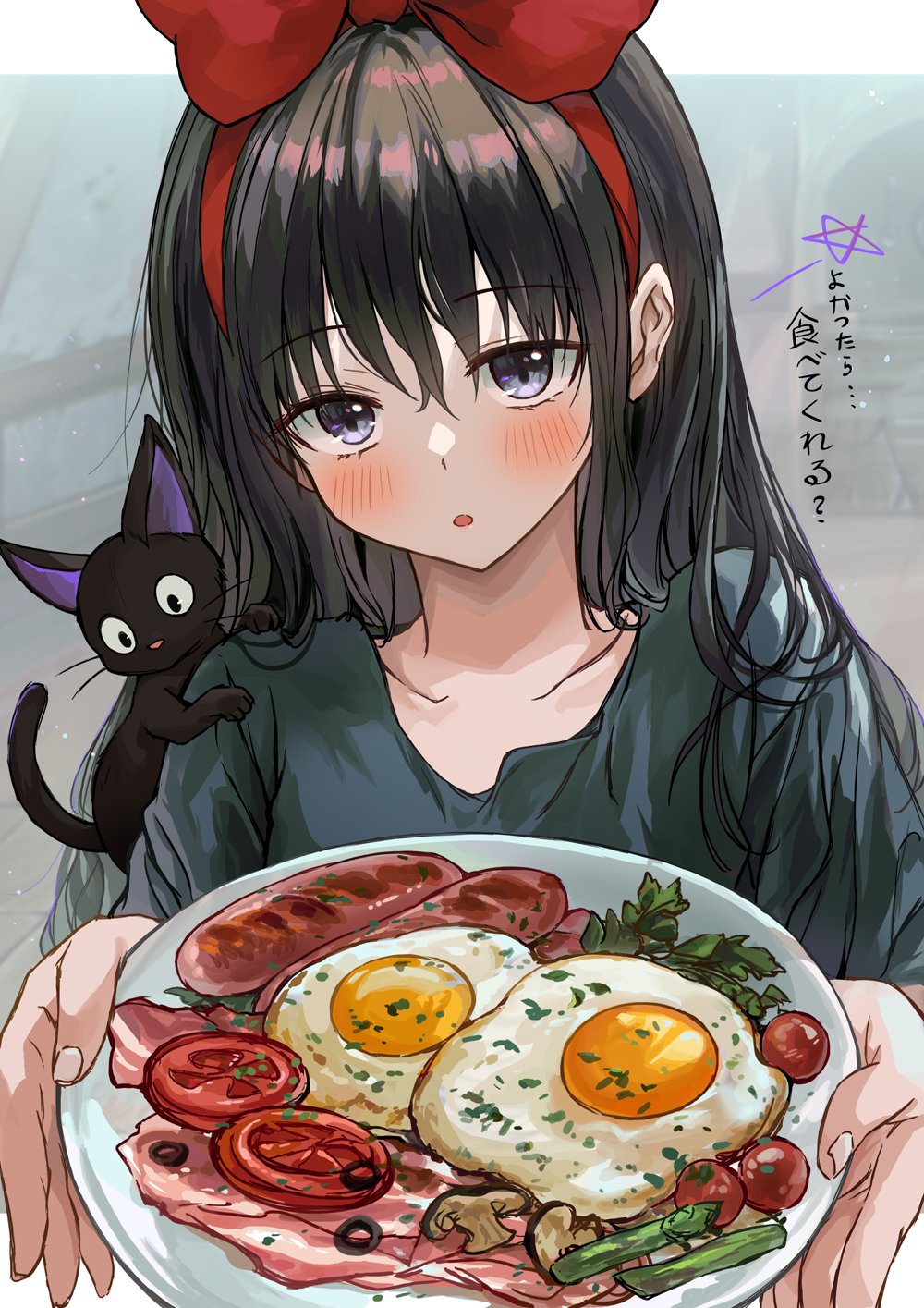 1girl alternate_hairstyle black_hair blurry blurry_background blush collarbone egg food headband highres long_hair majo_no_takkyuubin open_mouth plate saya_(mychristian2) shirt solo translation_request violet_eyes