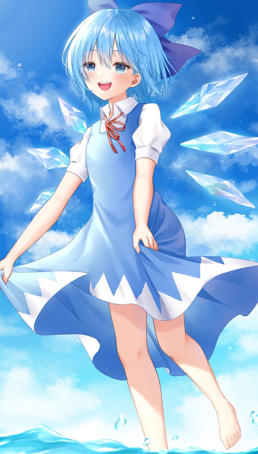 1girl :d bangs barefoot blue_bow blue_dress blue_eyes blue_hair blush bow cirno clouds cloudy_sky collared_shirt commentary day dress eyebrows_visible_through_hair foot_out_of_frame hair_between_eyes hair_bow highres holding holding_clothes holding_skirt ice ice_wings neck_ribbon puffy_short_sleeves puffy_sleeves red_ribbon ribbon shirt short_hair short_sleeves skirt sky smile solo teeth touhou upper_teeth wading white_shirt wing_collar wings y_na1211