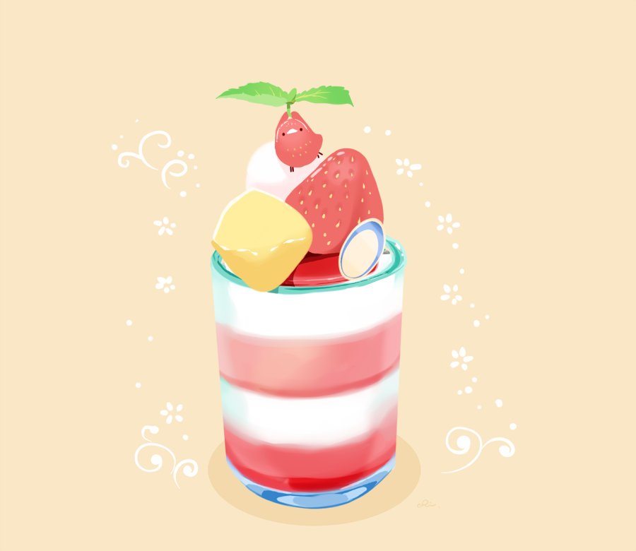 artist_name bird chai_(drawingchisanne) food food_focus fruit no_humans original parfait simple_background strawberry sweets_bird