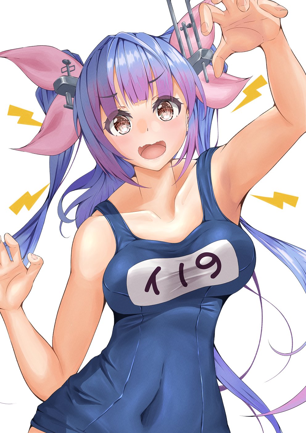 1girl blue_hair blue_swimsuit breasts covered_navel cowboy_shot eyebrows_visible_through_hair flower-shaped_pupils hair_ribbon headgear highres i-19_(kancolle) kantai_collection kikuchi-shoogo long_hair medium_breasts name_tag old_school_swimsuit one-piece_swimsuit open_mouth red_eyes ribbon school_swimsuit smile solo swimsuit symbol-shaped_pupils tri_tails white_background