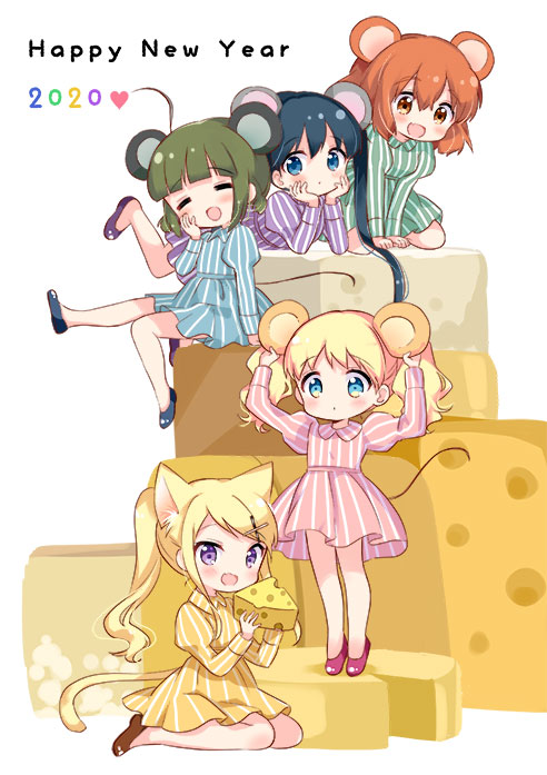 5girls :d :o =_= alice_cartelet animal_ear_fluff animal_ears bangs bare_legs blue_eyes blue_footwear blue_hair blush breasts brown_eyes brown_footwear cat_ears cat_girl cat_tail cheese chibi chinese_zodiac closed_mouth commentary dated dress english_text everyone fang fang_out flat_chest food footwear_request full_body green_dress hair_between_eyes hair_ornament hairclip hand_on_own_face hand_up happy_new_year hara_yui heart holding holding_food imminent_bite inokuma_youko kin-iro_mosaic komichi_aya kujou_karen light_blue_dress looking_at_viewer lying medium_breasts messy_hair mouse_ears mouse_girl mouse_tail multiple_girls no_legwear official_alternate_costume official_alternate_hairstyle official_art on_stomach oomiya_shinobu open_mouth orange_eyes orange_hair oversized_object pink_dress pink_footwear pinstripe_dress pinstripe_pattern ponytail purple_dress purple_footwear raised_eyebrows seiza shiny shiny_hair short_hair simple_background sitting small_breasts smile standing striped swept_bangs tail tiptoes twintails violet_eyes wariza white_background x_hair_ornament year_of_the_rat yellow_dress