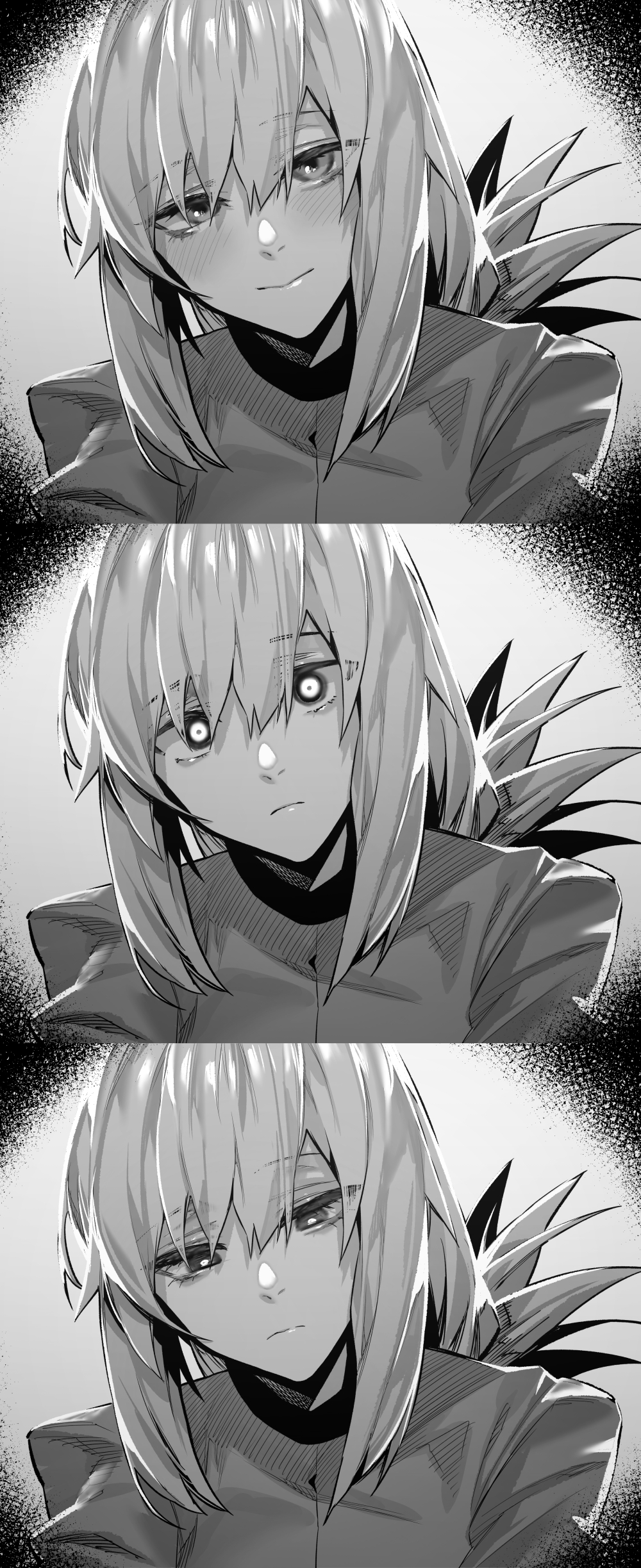 1girl absurdres blush closed_mouth eyebrows_visible_through_hair fate/grand_order fate_(series) florence_nightingale_(fate) greyscale hair_between_eyes highres hxd looking_at_viewer monochrome smile solo upper_body