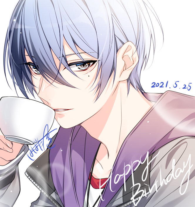1boy adam's_apple aoyagi_touya black_hair close-up coffee_cup collarbone cup disposable_cup eyebrows_visible_through_hair fingernails grey_eyes grey_jacket habatatsuki hair_between_eyes hand_up happy_birthday holding holding_cup hood hood_down jacket jewelry lens_flare light_blue_hair light_particles light_smile looking_at_viewer male_focus mole mole_under_eye multicolored_hair necklace open_clothes open_jacket parted_lips project_sekai purple_hood shiny shiny_hair signature simple_background split-color_hair straight_hair tsurime upper_body white_background