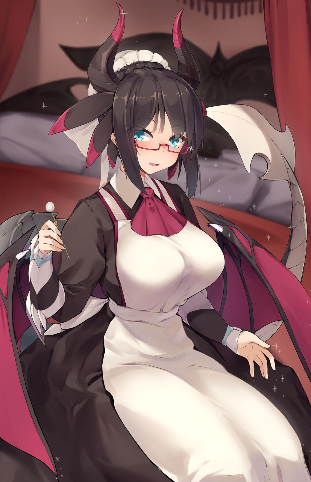 1girl apron bed bedroom black_hair blue_eyes breasts cowboy_shot dragon_girl dragon_horns dragon_tail dragon_wings dress duel_monster glasses highres horns house_dragonmaid kanzen_bouon large_breasts looking_at_viewer maid maid_apron maid_headdress mimikaki short_hair sitting smile solo tail wings yu-gi-oh!