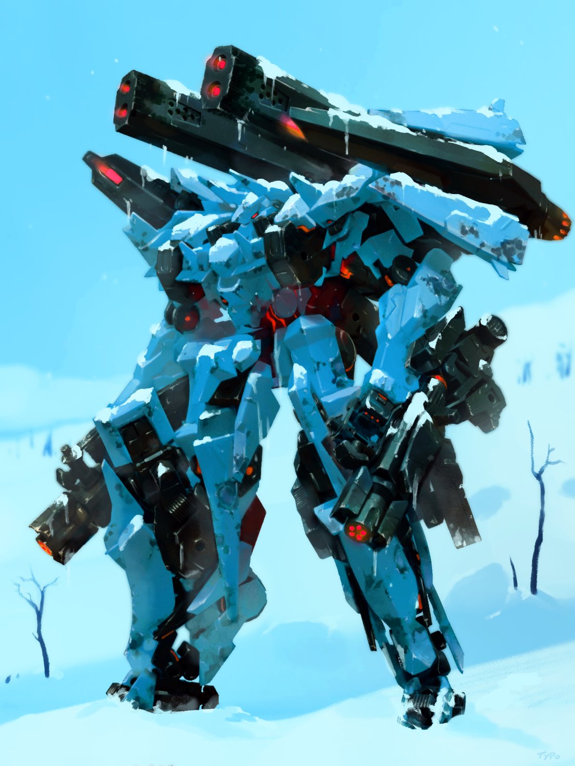 dual_wielding english_commentary gun highres holding holding_gun holding_weapon looking_ahead mecha no_humans optionaltypo original red_eyes science_fiction shoulder_cannon snow solo weapon