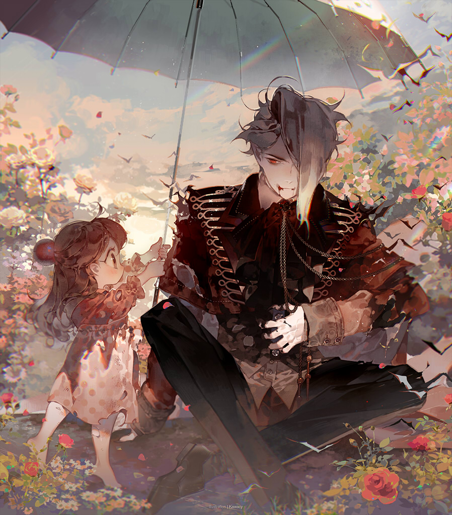 1boy 1girl asymmetrical_bangs asymmetrical_hair bangs barefoot bat black_pants blood blood_in_mouth brown_hair buttons child clouds collared_jacket commentary_request deep_wound flower hair_bun hair_over_one_eye holding holding_umbrella injury jacket kawacy light_smile long_hair long_sleeves looking_at_another original outdoors pale_skin pants parasol pointy_ears rainbow red_eyes red_jacket shirt shoes sky torn_clothes umbrella vampire white_hair white_shirt