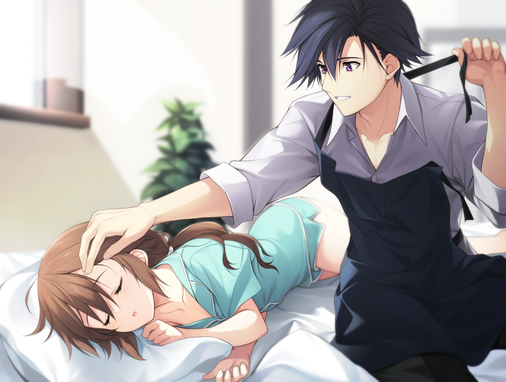 1boy 1girl apron aqua_shirt aqua_shorts black_hair brown_hair closed_eyes collared_shirt dolphin_shorts dress_shirt eiyuu_densetsu hakuleg hand_on_another's_head hetero lying on_side pajamas pillow rean_schwarzer sen_no_kiseki shirt shorts sleeping towa_herschel violet_eyes