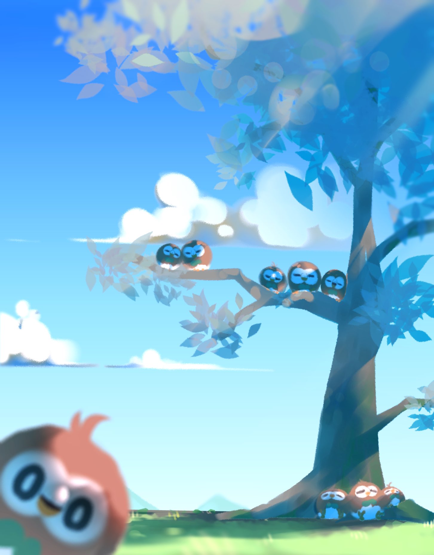bagutyu bird black_eyes blurry blurry_foreground closed_eyes clouds day grass highres lying no_humans outdoors pokemon pokemon_(creature) rowlet sky sleeping symbol-only_commentary tree