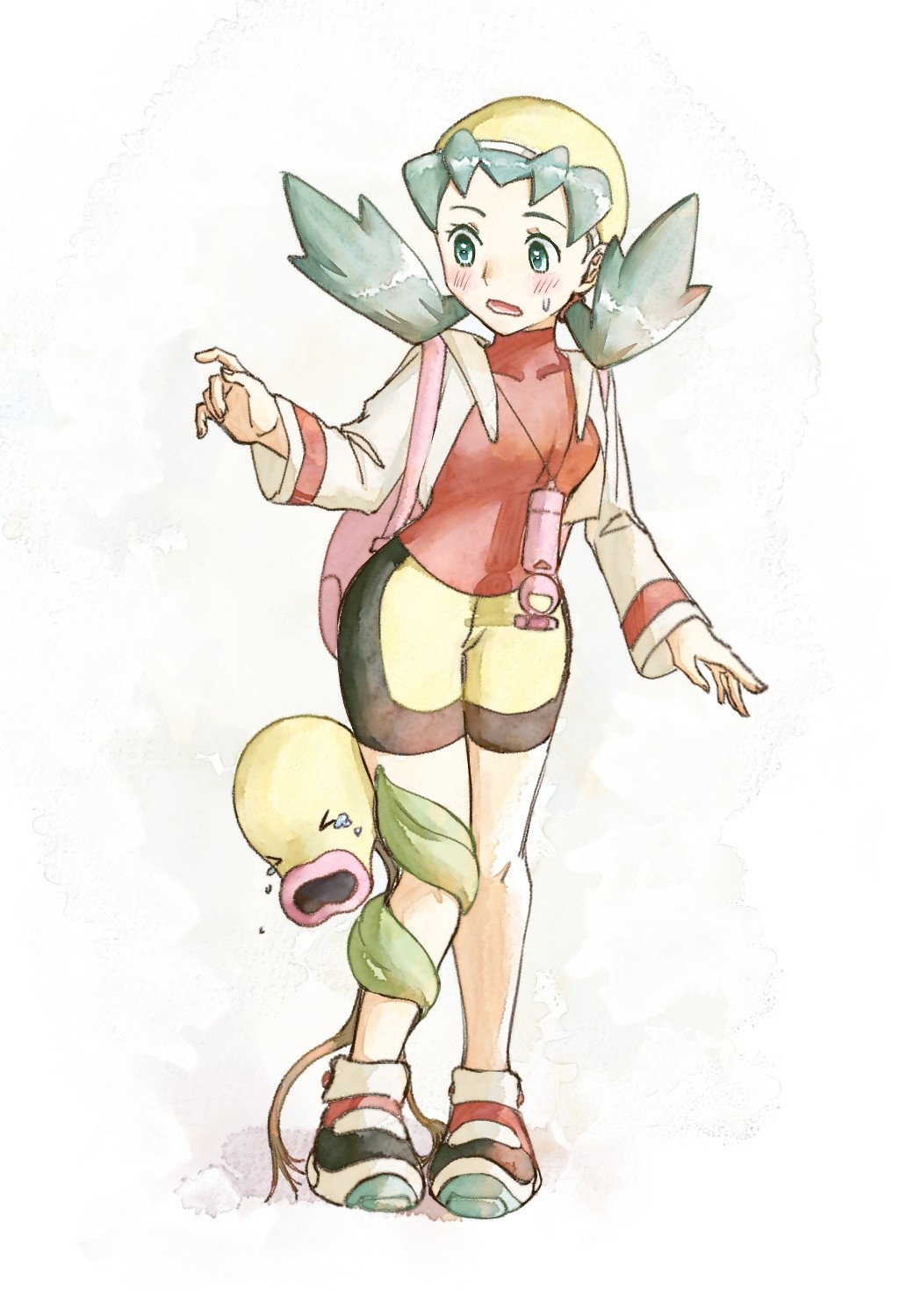 &gt;_&lt; asuka_rkgk bellsprout bike_shorts crying full_body green_eyes green_hair hiding hiding_behind_another highres jacket knees_together_feet_apart kris_(pokemon) long_sleeves pigeon-toed pokemon pokemon_(creature) pokemon_(game) pokemon_gsc poketch red_shirt shirt shoes sneakers standing thigh_gap traditional_media watch watch white_jacket yellow_headwear