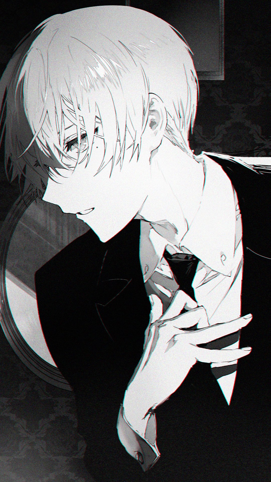 1boy aoyagi_touya black_jacket black_necktie chromatic_aberration collared_shirt eyelashes fingernails greyscale half-closed_eyes hand_on_own_chest hand_up highres jacket leaning_forward light_smile looking_afar male_focus mirror mole mole_under_eye monochrome multicolored_hair necktie parted_lips picture_frame profile project_sekai rella shiny shiny_hair shirt split-color_hair suit_jacket wall wallpaper_(object) white_shirt
